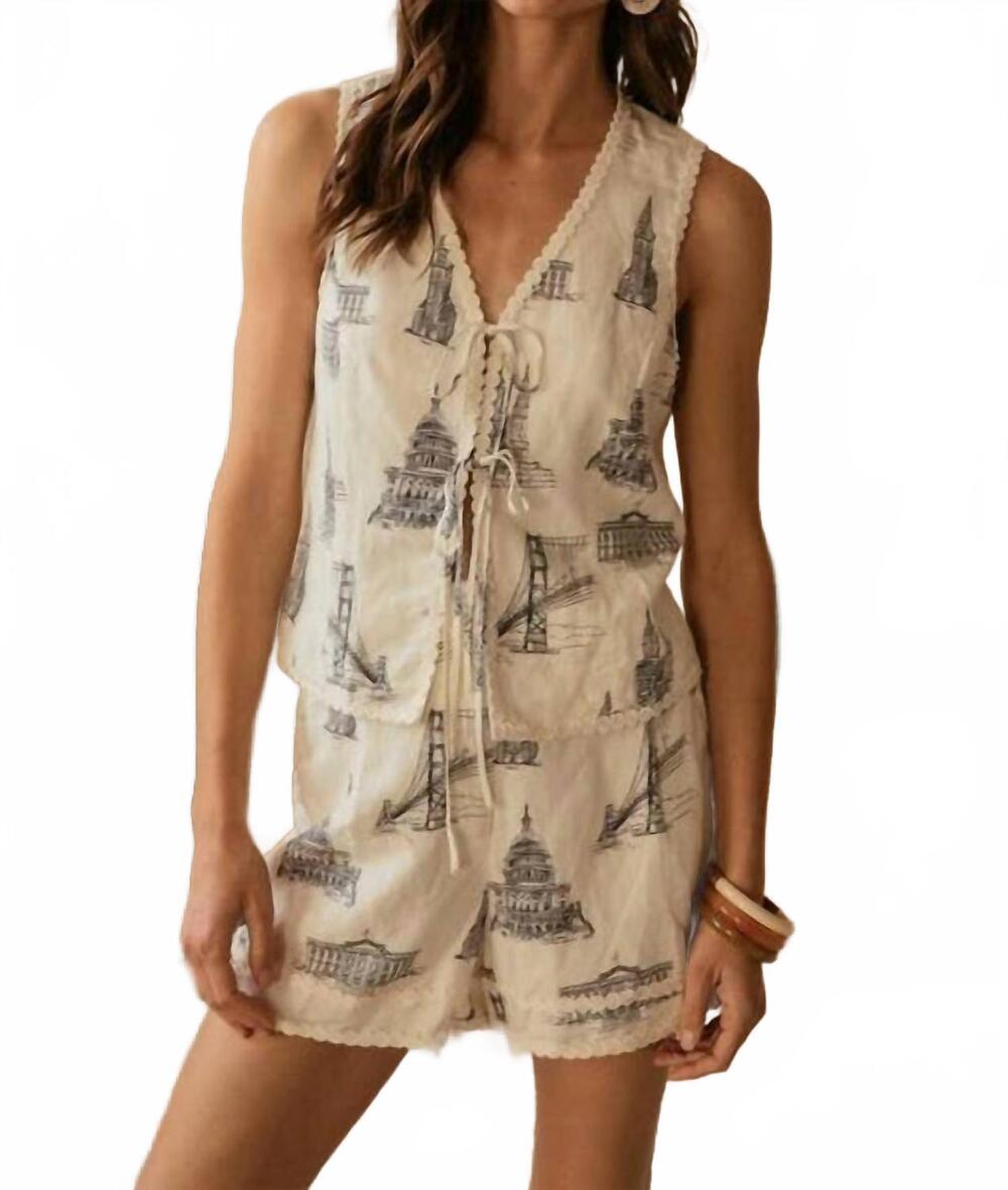 NEW SKIES ARE BLUE printed linen shorts with trim in ivory-navy